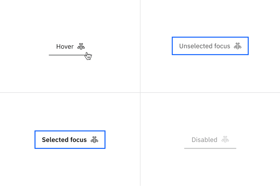 Examples of hover, focus-unselected, focus-selected, and disabled states for line tabs.